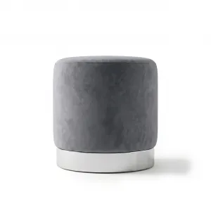 Luxury Grey Velvet Round Stool with Polished Silver Base - Luxury Stool Side View by Luxury Group International