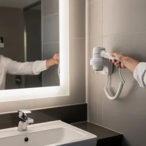 Luxury Hair Dryer with Foldable Handle and Wall Mounted Base in Chrome Finish Lifestyle View by Luxury Group International