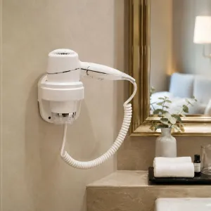 Luxury Hair Dryer with Foldable Handle and Wall Mounted Base in Chrome Finish Lifestyle View by Luxury Group International