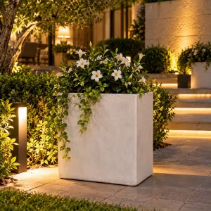 Luxury Hand-Finished Rectangular Carrara Marble Granule Garden Planter - Luxury Planters Lifestyle View by Luxury Group International