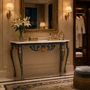 Luxus Handbemalter Bronze Konsolentisch mit Marmorplatte und Barockem Blumenrelief Lifestyle-Ansicht von Luxury Group International