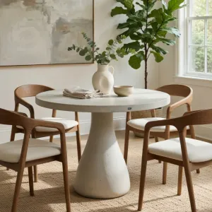 Luxury Handcrafted Round Concrete Pedestal Dining Table for Modern Interiors Lifestyle View by Luxury Group International