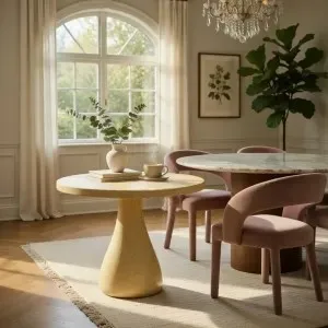 Luxury Handcrafted Round Concrete Pedestal Dining Table for Modern Interiors Lifestyle View by Luxury Group International