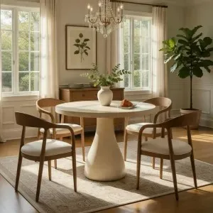 Tavolo da Pranzo Rotondo di Lusso Artigianale in Cemento con Piedistallo per Interni Moderni Vista lifestyle di Luxury Group International