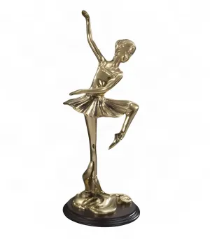 Luxury High-Pose Ballerina Bronze Sculpture in Golden Finish on Wooden Base - Luxury Bronze Figure Front View by Luxury Group International