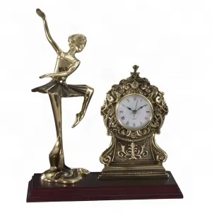 Luxury High-Pose Ballerina Bronze Table Clock with Ornate Dial on Wooden Base - Luxury Bronze Figure Front View by Luxury Group International
