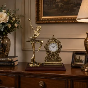Luxury High-Pose Ballerina Bronze Table Clock with Ornate Dial on Wooden Base - Luxury Bronze Figure Lifestyle View by Luxury Group International