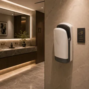 Luxury High-Speed Automatic Hand Dryer with Integrated Water Collection System in White & Grey Color Variations Lifestyle View by Luxury Group International
