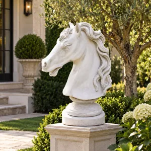 Scultura da Giardino Testa di Cavallo di Lusso con Criniera Fluttuante Scolpita - Scultura Classica di Lusso Vista lifestyle di Luxury Group International