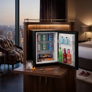 Luxury Hotel Mini Bar Cabinet with Zero-Noise Thermoelectric Cooling Technology - 40 Litre Lifestyle View by Luxury Group International
