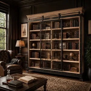 Vetrina Industriale di Lusso in Legno con Pannello Scorrevole in Vetro e Struttura in Metallo Rivettato Vista lifestyle di Luxury Group International