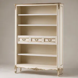 Luxuriöser Elfenbein-Barock-Regalschrank mit kunstvollen Cabriole-Beinen & integriertem 3-Schubladen-Aufbewahrungssystem Vorderansicht von Luxury Group International