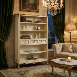 Luxuriöser Elfenbein-Barock-Regalschrank mit kunstvollen Cabriole-Beinen & integriertem 3-Schubladen-Aufbewahrungssystem Lifestyle-Ansicht von Luxury Group International