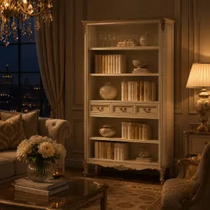 Luxuriöser Elfenbein-Barock-Regalschrank mit kunstvollen Cabriole-Beinen & integriertem 3-Schubladen-Aufbewahrungssystem Lifestyle-Ansicht von Luxury Group International