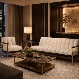 Luxury Ivory Channel-Tufted Armchair with Black Wood & Brass Frame - Luxury Hotel Furniture Lifestyle View by Luxury Group International