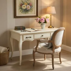 Luxury Ivory Finish Wooden Writing Desk with Three Drawer Storage Lifestyle View by Luxury Group International