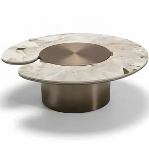 Tavolino Rotondo di Lusso Effetto Marmo Avorio e Bronzo - Tavolino di Lusso Vista frontale di Luxury Group International