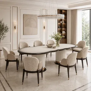 Luxury Ivory Upholstered Dining Chair with Arms and Bronze Accents-Luxury dining room furniture Lifestyle View by Luxury Group International