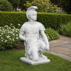 Luxury Kneeling Roman Centurion Garden Sculpture with Crested Helmet - Luxury Classic Sculpture Front View by Luxury Group International