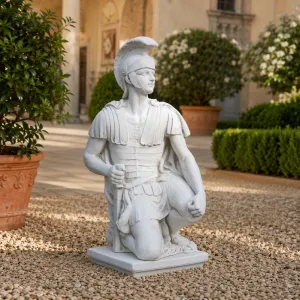 Luxury Kneeling Roman Centurion Garden Sculpture with Crested Helmet - Luxury Classic Sculpture Lifestyle View by Luxury Group International