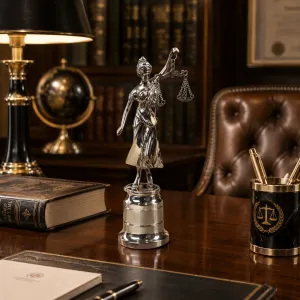Luxus Lady Justice Bronzeskulptur in Gold-, Silber- & Oxidpatina-Finish Lifestyle-Ansicht von Luxury Group International