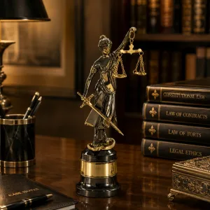 Luxus Lady Justice Bronzeskulptur in Gold-, Silber- & Oxidpatina-Finish Lifestyle-Ansicht von Luxury Group International