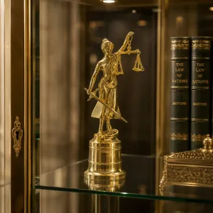 Luxus Lady Justice Bronzeskulptur in Gold-, Silber- & Oxidpatina-Finish Lifestyle-Ansicht von Luxury Group International