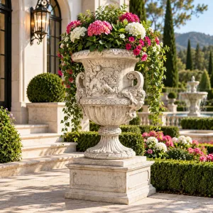 Maceta de Jardín Grande de Lujo en Forma de Urna con Relieve de Querubines y Asas en Espiral Esculpidas - Macetas de Lujo Vista lifestyle por Luxury Group International