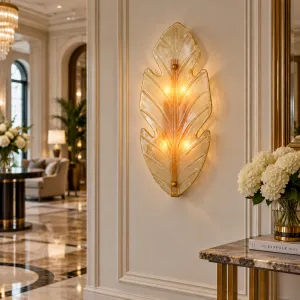 Luxury Leaf Inspired Wall Lamp with Textured Glass Design and Golden Finish - Luxury Hotel Furniture Lifestyle View by Luxury Group International