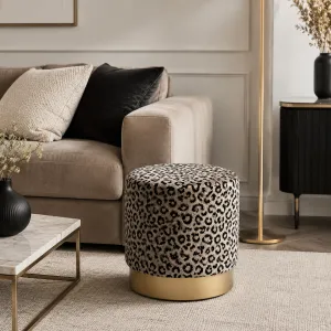Luxury Leopard Print Round Stool with Gold Metal Base- Luxury Hotel Furniture Lifestyle View by Luxury Group International