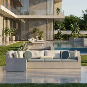 Sofá Exterior en Forma de L de Concreto Gris Claro de Lujo con Cojines Turquesa - Mobiliario de Hotel de Lujo Vista lifestyle por Luxury Group International