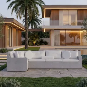 Divano da Esterno a L di Lusso in Cemento Grigio Chiaro con Rivestimento Bianco - Mobili da Esterno Vista lifestyle di Luxury Group International