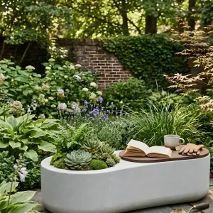 Luxury Concrete Light Grey Oval Outdoor Planter with Integrated Dark Wooden Seating -Planter Lifestyle View by Luxury Group International