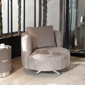 Luxury Light Grey Velvet Swivel Armchair with Curved Design -Luxury Armchair -Luxury Hotel Furniture Lifestyle View by Luxury Group International