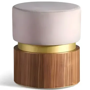 Luxury Light Taupe Upholstered Stool with Walnut Finish Base & Gold Accent Ring Front View by Luxury Group International