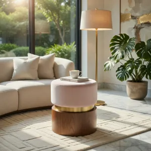Luxury Light Taupe Upholstered Stool with Walnut Finish Base & Gold Accent Ring Lifestyle View by Luxury Group International
