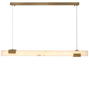 Lampada a Sospensione Lineare in Alabastro di Lusso con Struttura in Ottone Spazzolato per Sala da Pranzo Vista frontale di Luxury Group International