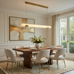 Lampada a Sospensione Lineare in Alabastro di Lusso con Struttura in Ottone Spazzolato per Sala da Pranzo Vista lifestyle di Luxury Group International