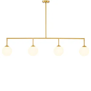 Lampada a Sospensione Lineare di Lusso con Quattro Sfere in Metallo Lucido Oro Spazzolato Vista laterale di Luxury Group International