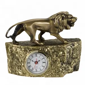 Luxury Lion Bronze Alarm Clock with Golden Textured Rock Base - Luxury Bronze Sculpture by Luxury Group International