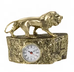 Luxury Lion Bronze Alarm Clock with Golden Textured Rock Base - Luxury Bronze Sculpture by Luxury Group International