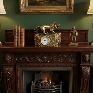Luxury Lion Bronze Alarm Clock with Golden Textured Rock Base - Luxury Bronze Sculpture Lifestyle View by Luxury Group International