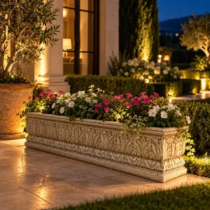 Luxury Long Rectangular Garden Trough Planter with Acanthus Leaf Relief - Luxury Planters Lifestyle View by Luxury Group International