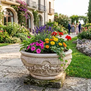 Macetero de Jardín Bajo de Lujo con Relieve Floral Esculpido - Maceteros de Lujo Vista lifestyle por Luxury Group International