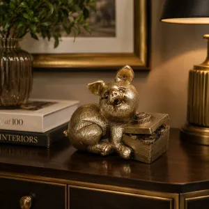Luxury Lucky Pig Bronze Sculpture with Coin-Filled Treasure Trunk - Luxury Bronze Figure Lifestyle View by Luxury Group International