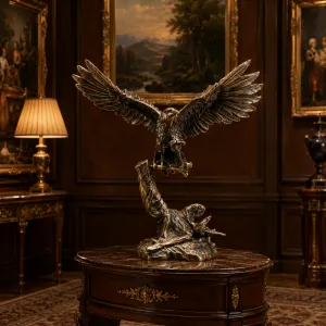 Luxury Majestic Eagle Bronze Sculpture with Outstretched Wings on a Sculpted Tree Branch Lifestyle View by Luxury Group International