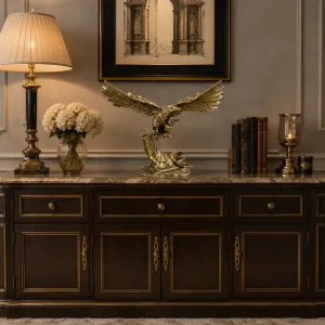 Luxury Majestic Eagle Bronze Sculpture with Outstretched Wings on a Sculpted Tree Branch Lifestyle View by Luxury Group International