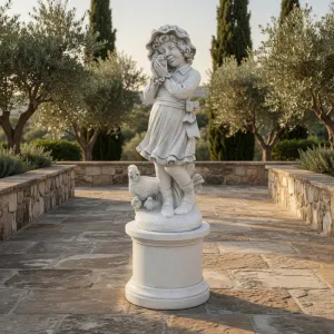 Scultura da Giardino di Lusso in Marmo con Bambino e Dettaglio Decorativo di Uccello - Scultura Classica di Lusso Vista frontale di Luxury Group International