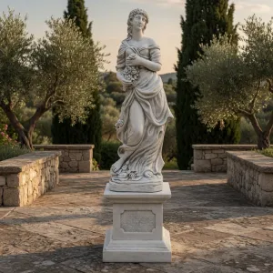 Scultura da Giardino in Marmo di Lusso con Figura Drappeggiata e Accento Floreale - Scultura Classica di Lusso Vista frontale di Luxury Group International