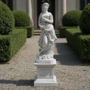 Scultura da Giardino in Marmo di Lusso con Figura Drappeggiata e Accento Floreale - Scultura Classica di Lusso Vista lifestyle di Luxury Group International
